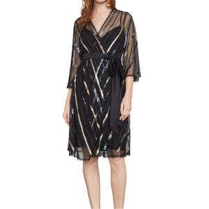 BCBGMaxAzria Devon Black Sequin Wrap Dress Women’s M Metallic Accents